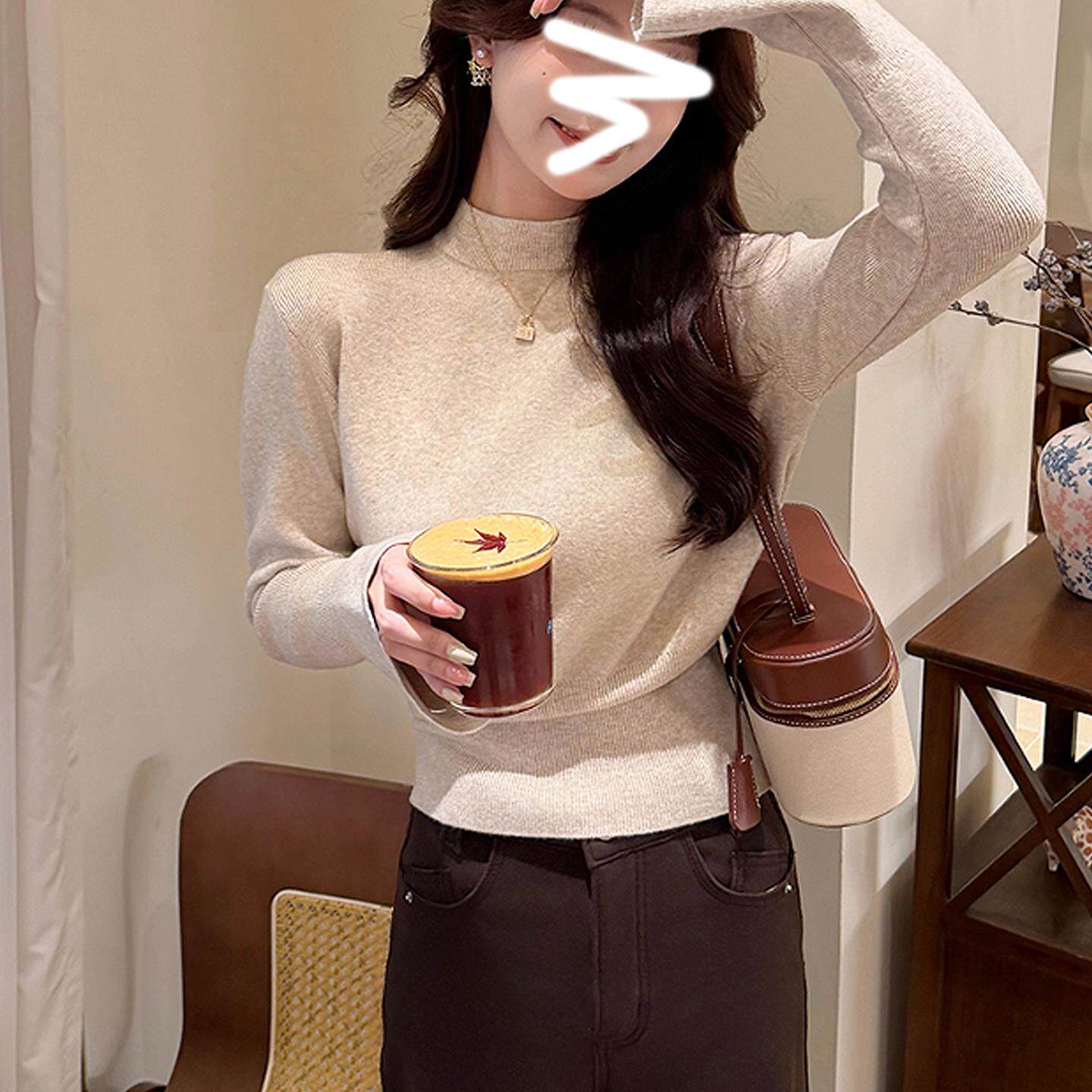 JOYIASS半高领喇叭袖毛衣针织衫女2025新款秋冬季内搭打底衫收腰