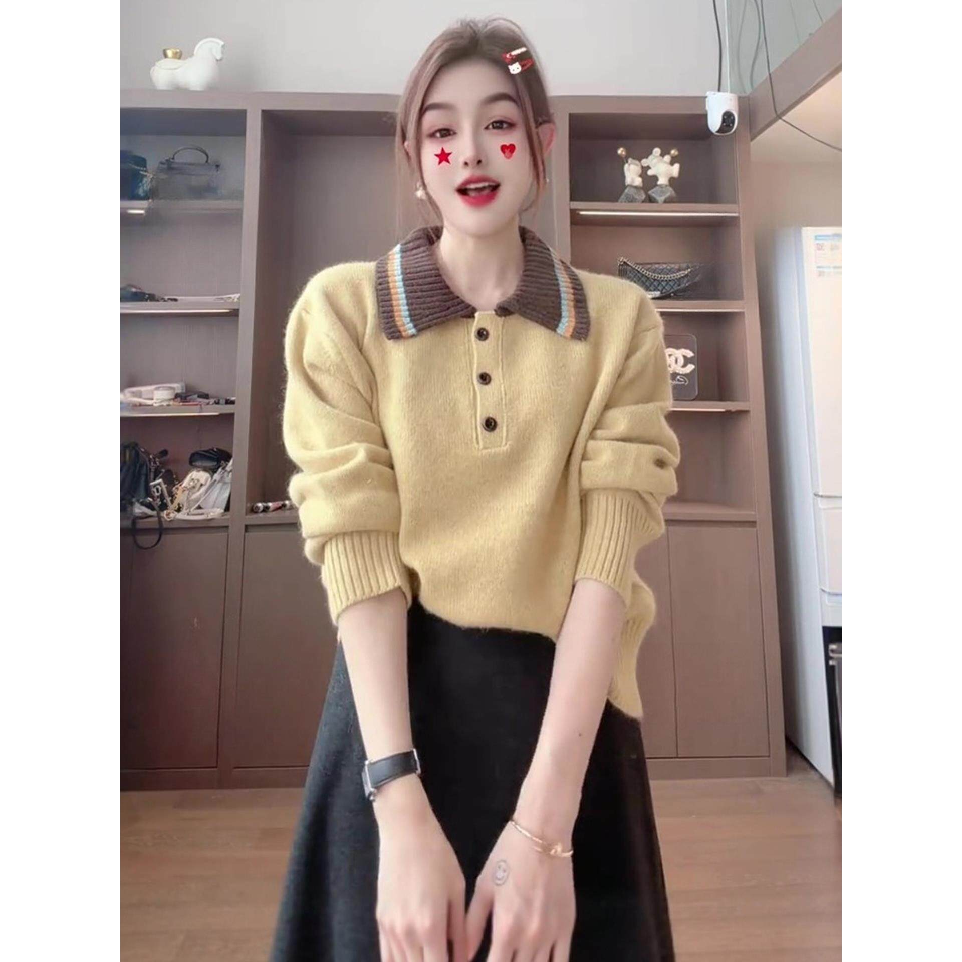 JOYIASS软糯撞色翻领套头毛衣女款2025新款秋冬季慵懒高级感宽松