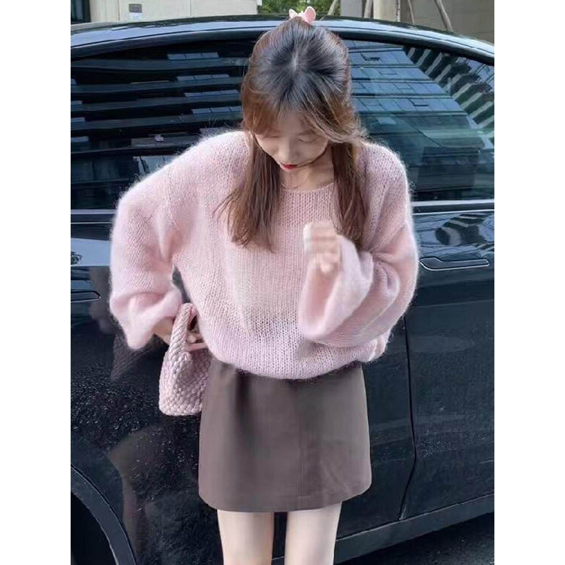 JOYIASS马海毛软糯粉色一字肩长袖毛衣女2025新款秋季慵懒高级感
