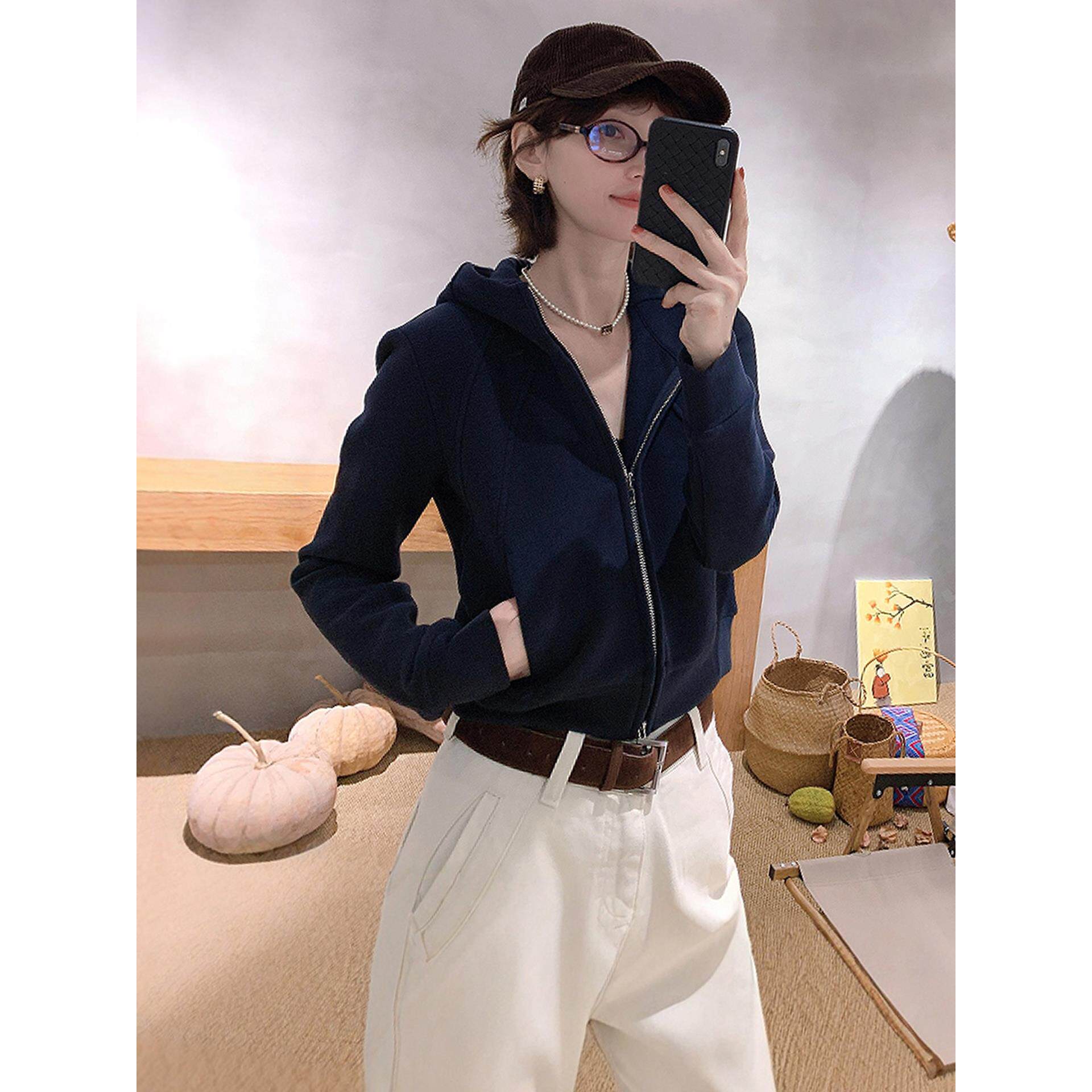 JOYIASS设计感双拉炼连帽加绒卫衣外套女2025新款秋冬季爆款修身