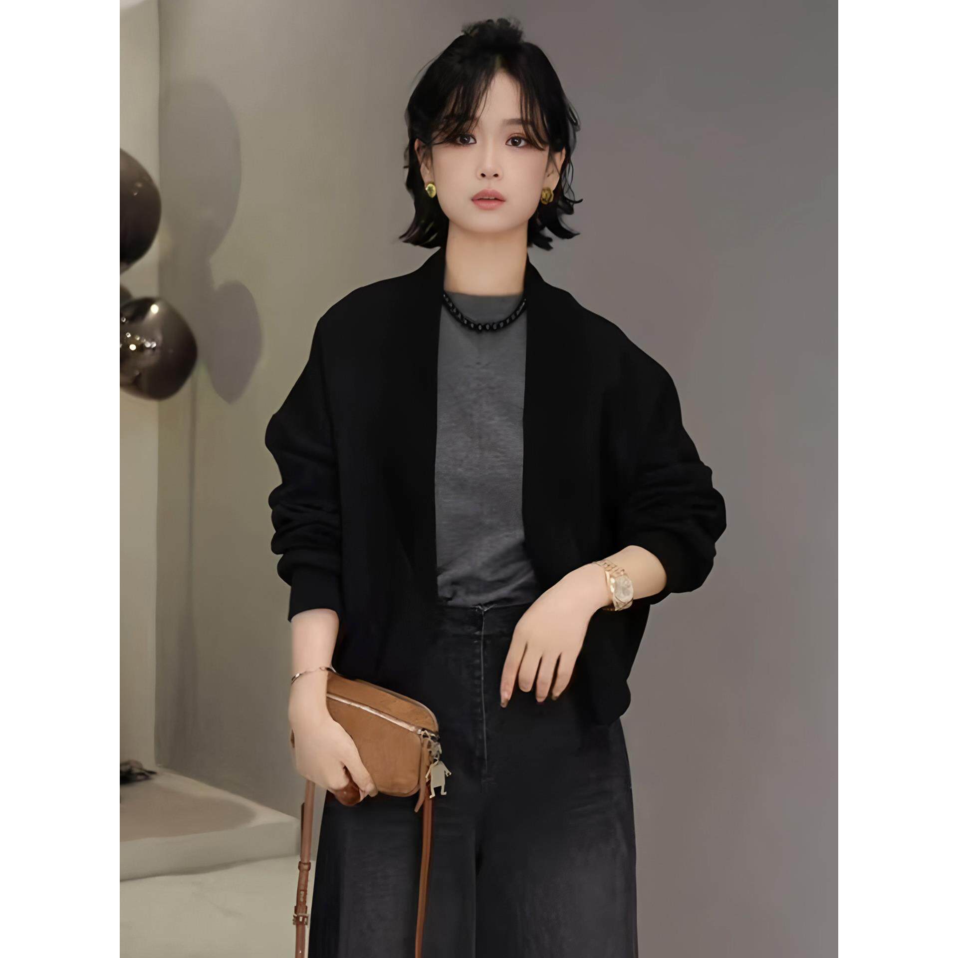 JOYIASS休闲慵懒风黑色短款外套女2025新款春秋季高级感韩系chic