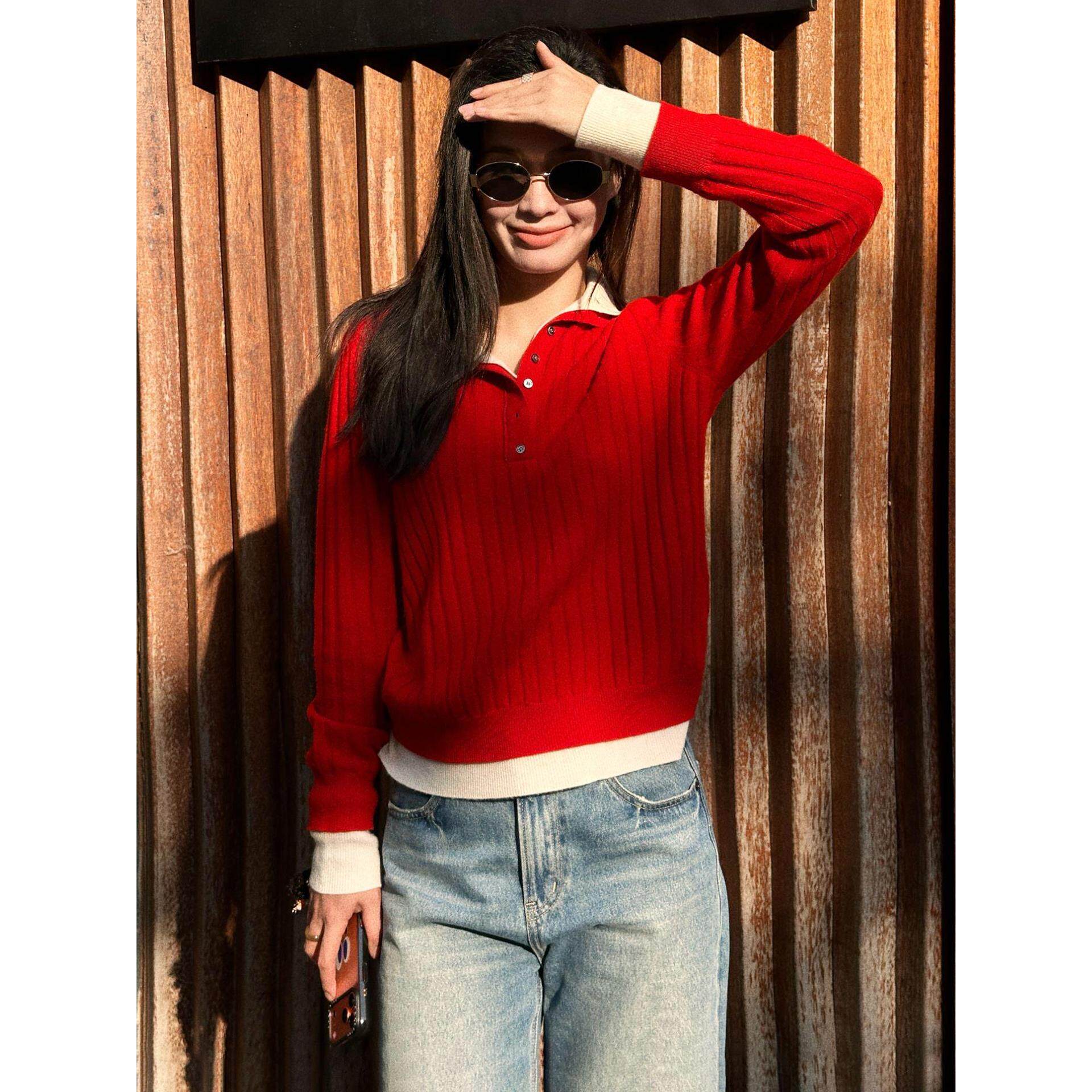 JOYIASS红色polo领毛衣针织衫女装2025新款秋季穿搭假两件上衣女