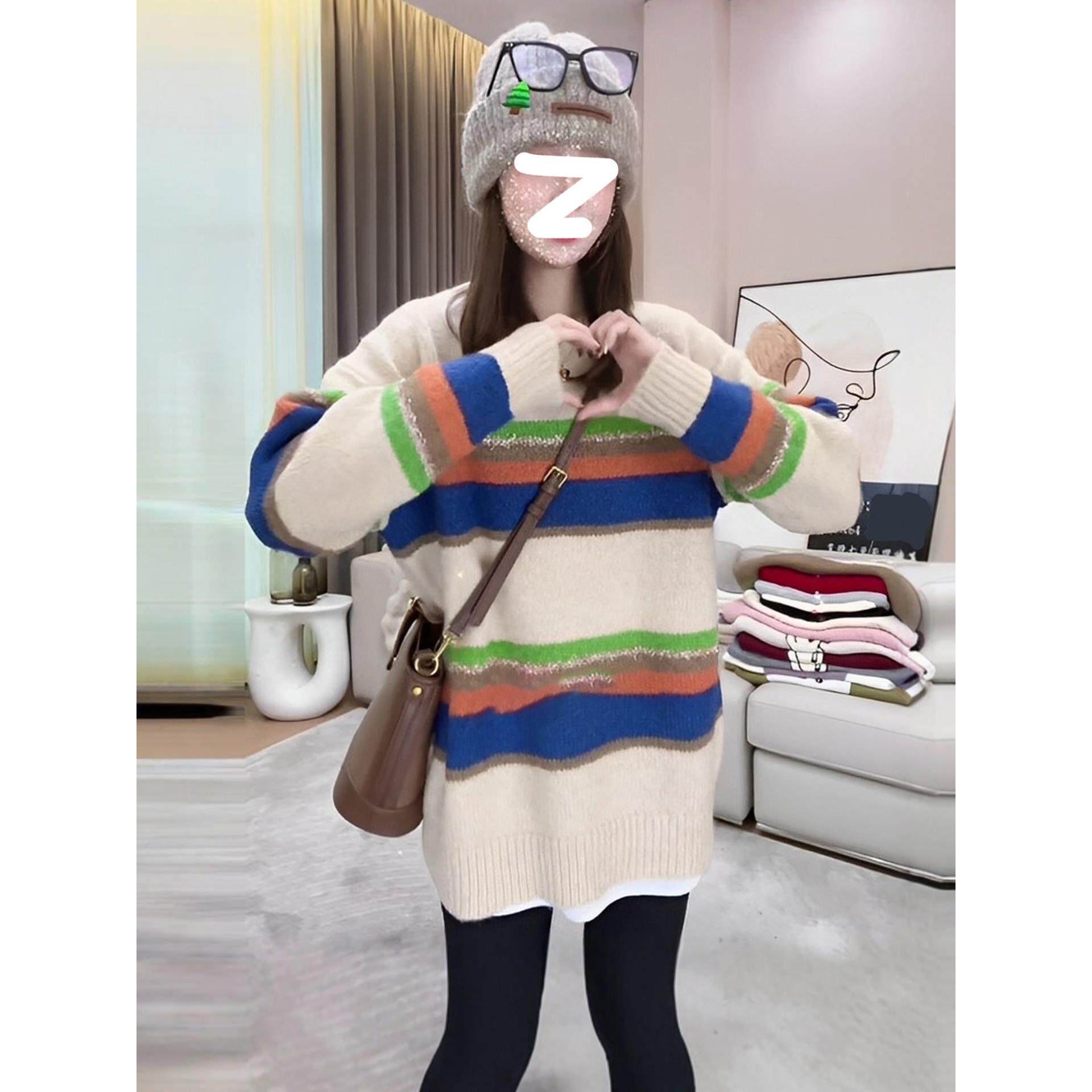 JOYIASS软糯条纹长袖套头毛衣女2025新款秋冬季慵懒高级感中长款