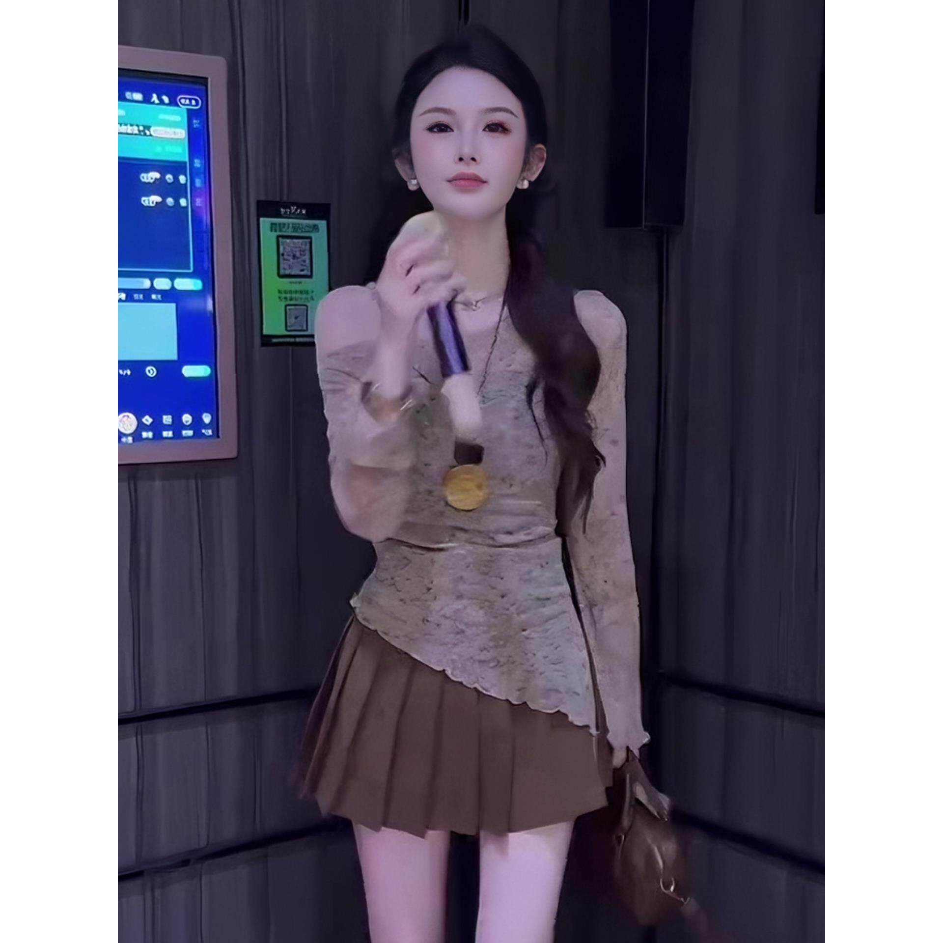 JOYIASS木耳边斜肩露肩长袖t恤女2025新款秋季打底衫独特漂亮不规