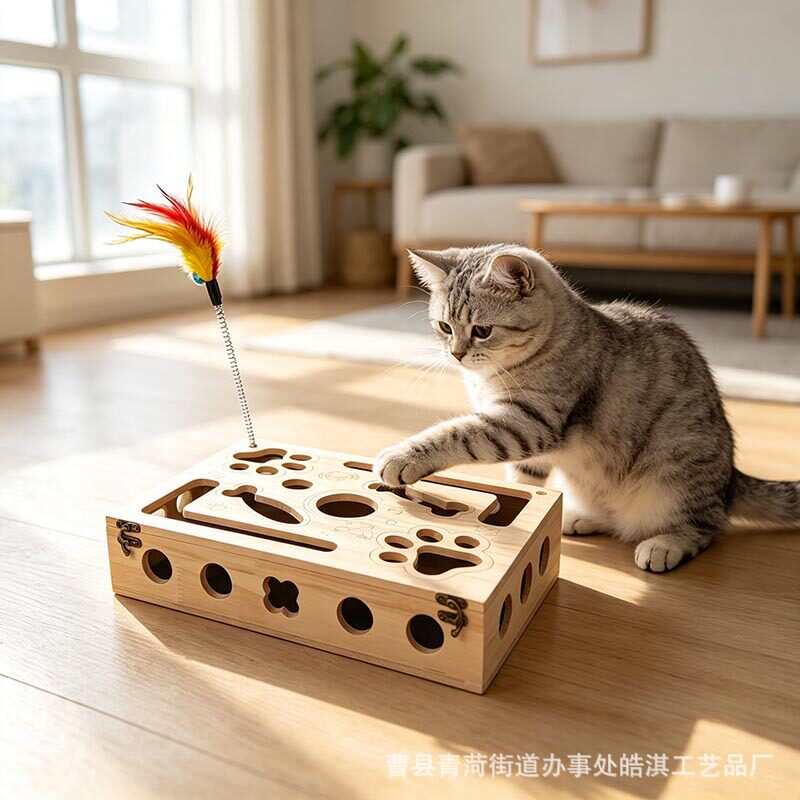 方形猫抓盒逗猫游戏盒自嗨解闷猫玩具木制趣味迷宫猫咪翻盖游戏盒