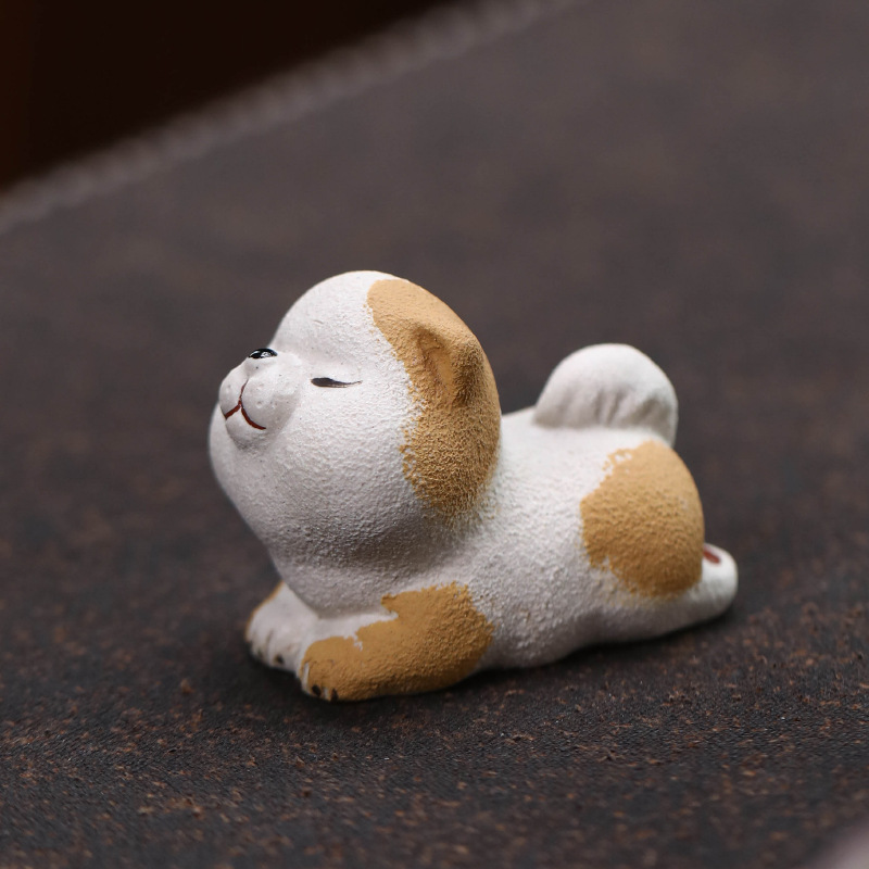 紫砂茶宠狗摆件手工泥绘生肖柯基贵宾犬茶玩茶具配件家居装饰可养