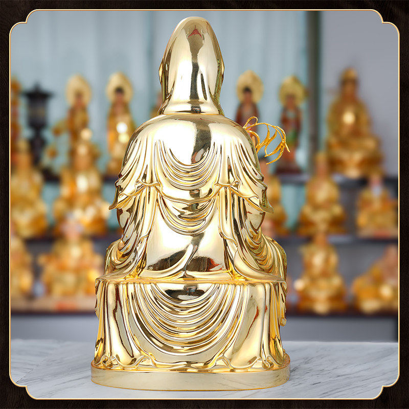 纯铜贴金观音菩萨佛像南海观世音菩萨娑婆三圣家用供奉坐莲铜像