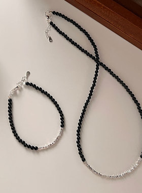 925银黑玛瑙碎银几两个性项链