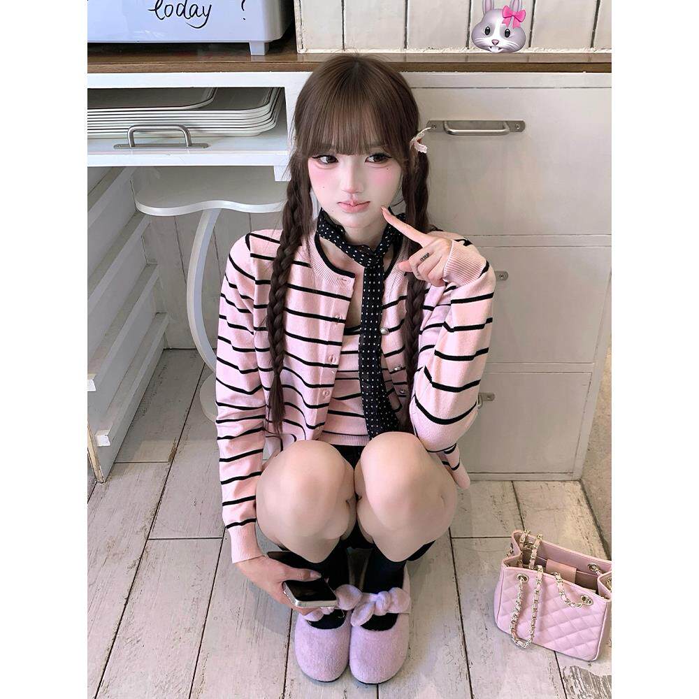 JOYIASS条纹针织开衫女早秋新款独特漂亮miu系巨好看粉色上衣吊带