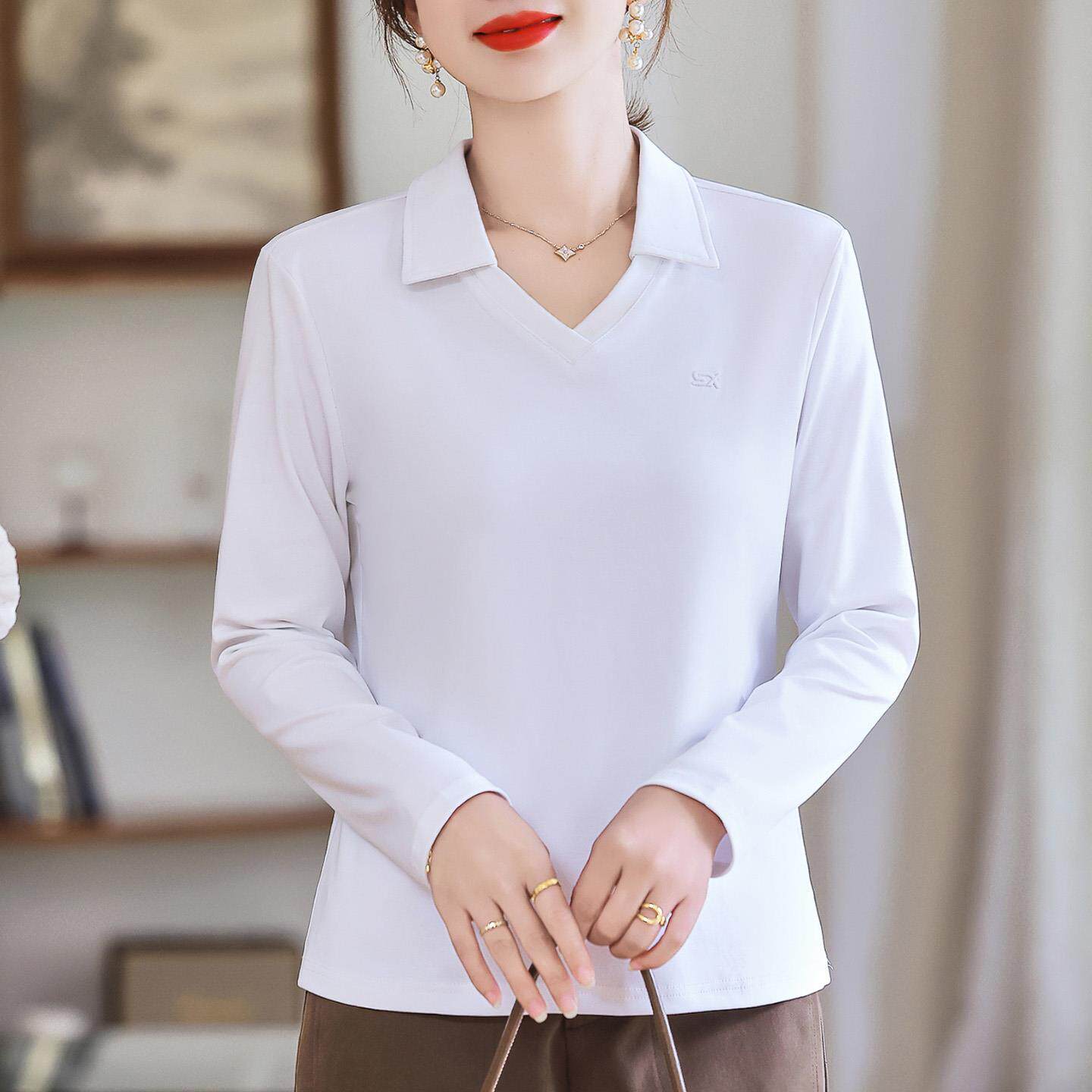 JOYIASS修身显瘦长袖T恤女秋季2025新款时尚翻领上衣小个子红色爆