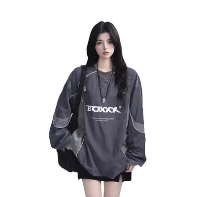 反光条卫衣美式尼龙复古长袖拼接夹克套头运动球衣男女2024秋季皱