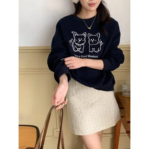 好心情卫衣3thMorning俏皮时髦ZY3321刺绣落肩袖小狗趣味