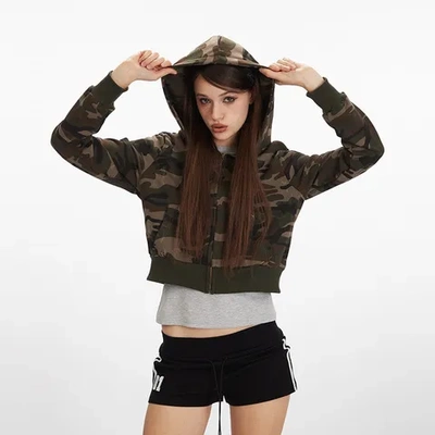 春秋复古美式卫衣拉链连帽迷彩辣妹外套女HeyHenry短款2025开衫