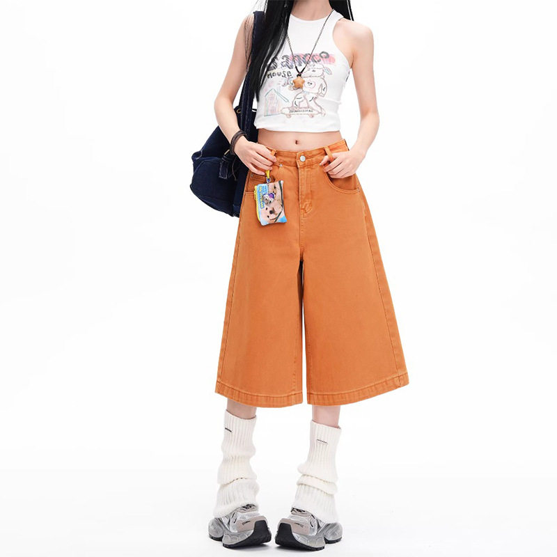 多巴胺橙色牛仔七分裤女2026夏季薄款阔腿中裤宽松直筒休闲短裤子