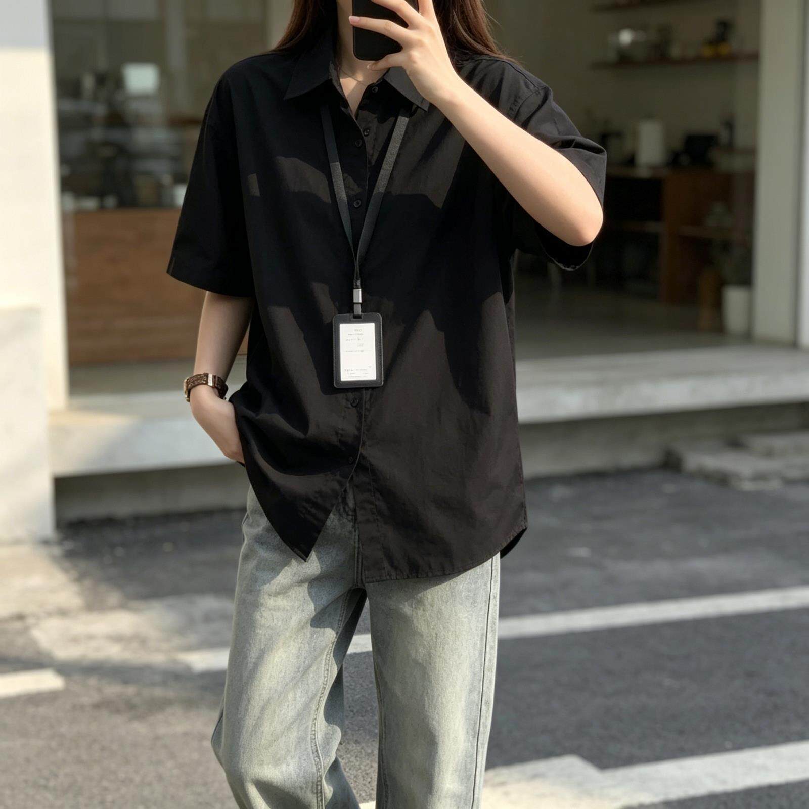黑色冰丝短袖衬衫女夏薄