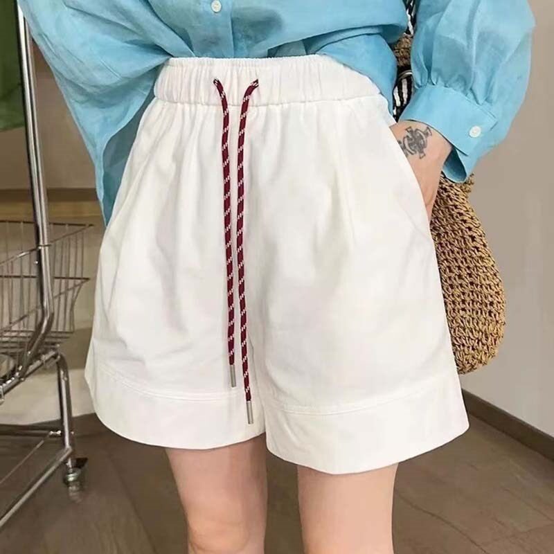 松弛感抽绳系带休闲短裤女夏季白色松紧腰宽松百搭减龄高腰女裤子
