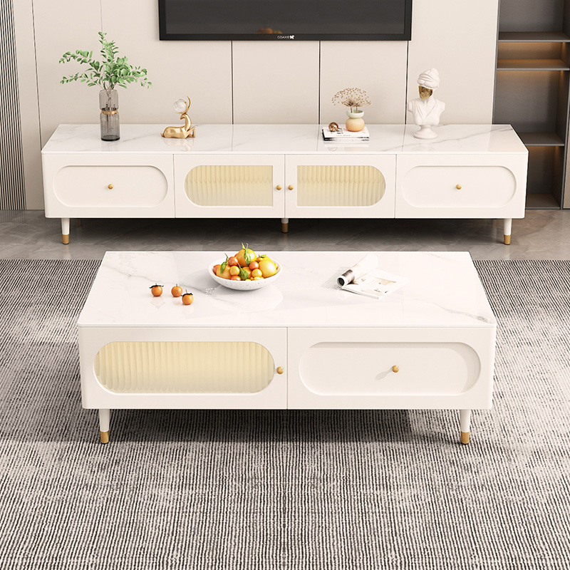 电视柜轻奢奶油风储藏钢化玻璃