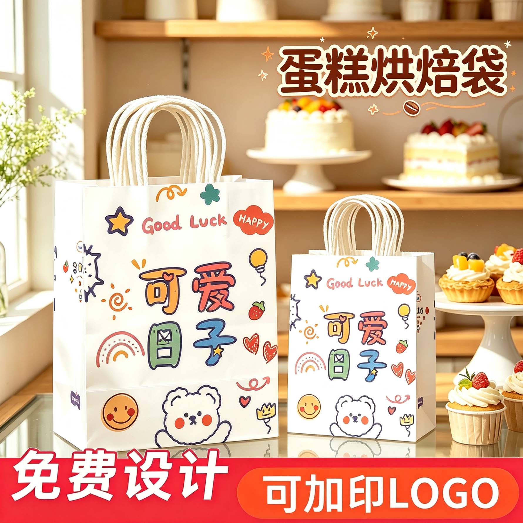 可爱甜品打包袋迷你小礼物伴手礼品袋手提袋烘焙牛皮纸袋包装定制