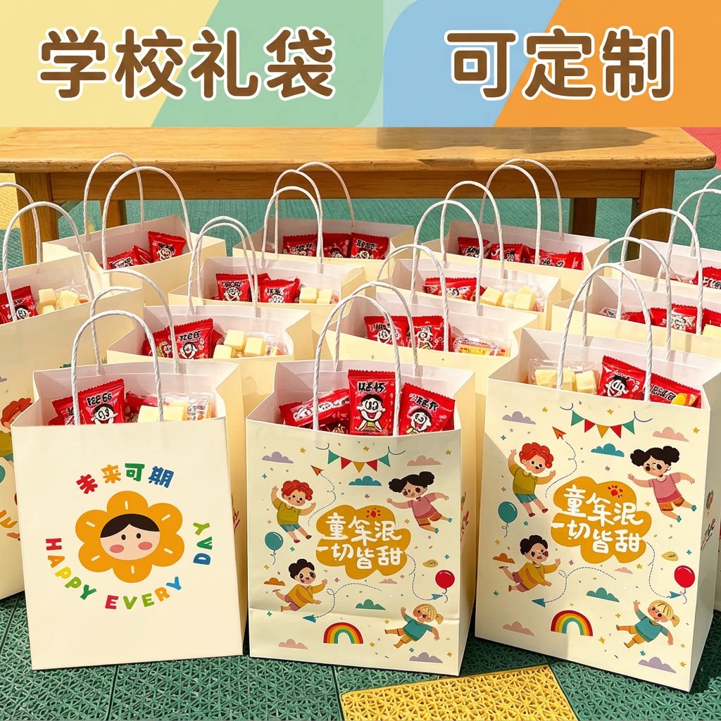 学校园儿童幼儿园零食包装牛皮纸袋手提袋子礼物迷你小伴手礼定制