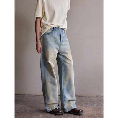 NTALK 重工艺洗水手缝抹料吊烂设计感A字牛仔裤