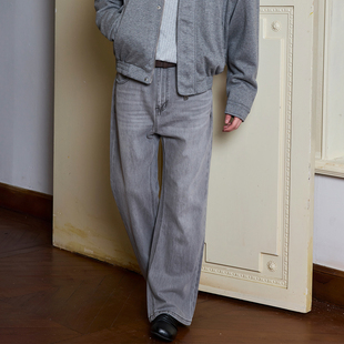 Ntalk 低度高级雅灰色低弹微喇宽体阴影立体猫须自然纹理感牛仔裤