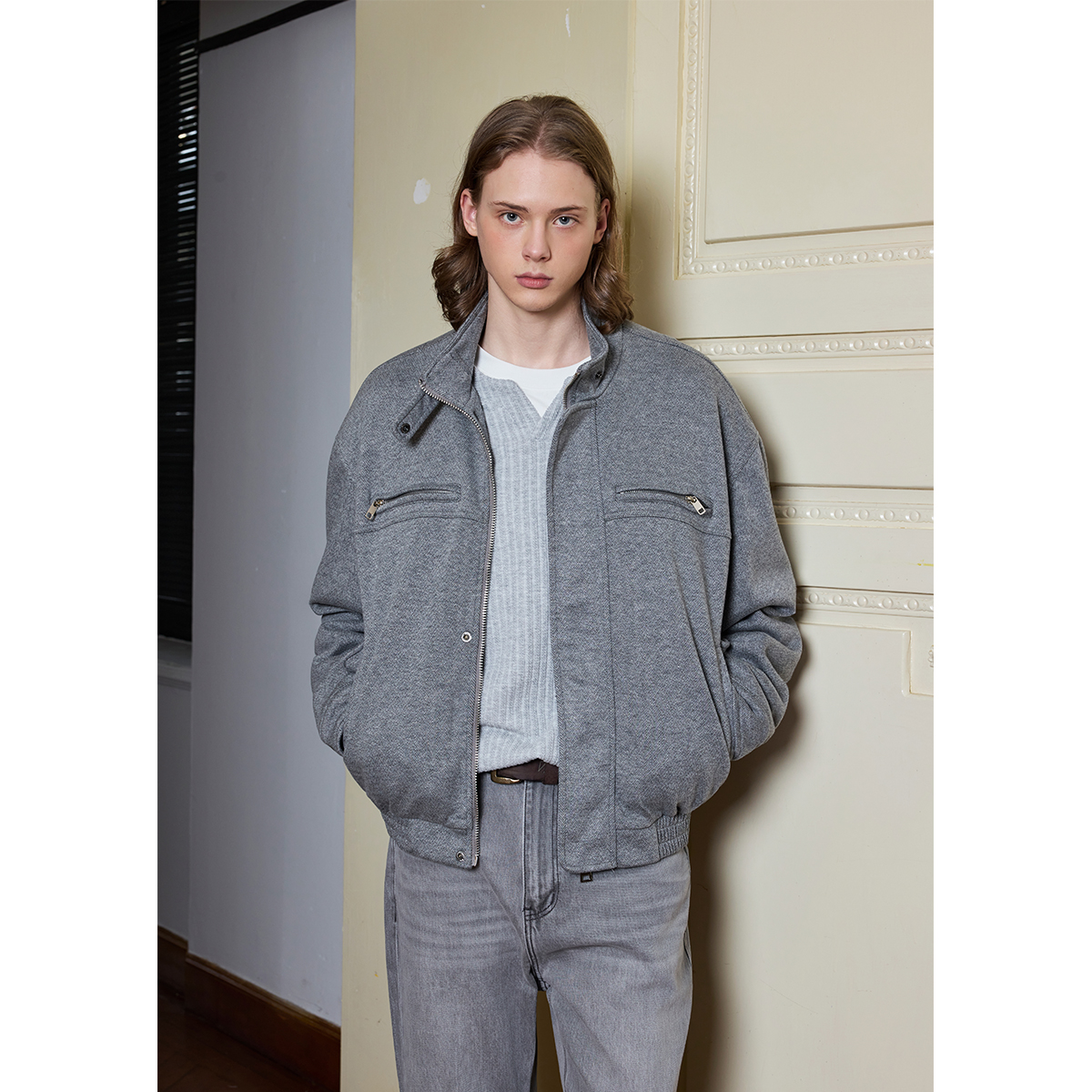 Ntalk 高级银灰色人字纹羊毛混纺毛呢千鸟格老钱风短宽型夹克外套