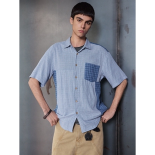 NTALK 蓝色细条纹拼接撞色复古休闲短袖衬衫