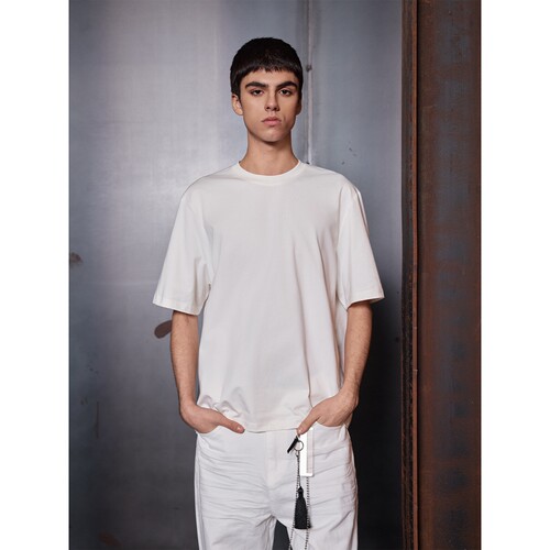 NTALK 正肩索罗娜螺纹小领口短宽版型合身基础简约纯色短袖T恤