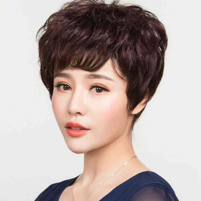 一枝花假发女短发短卷发女士中老年妈妈真发自然蓬松化疗头套透气