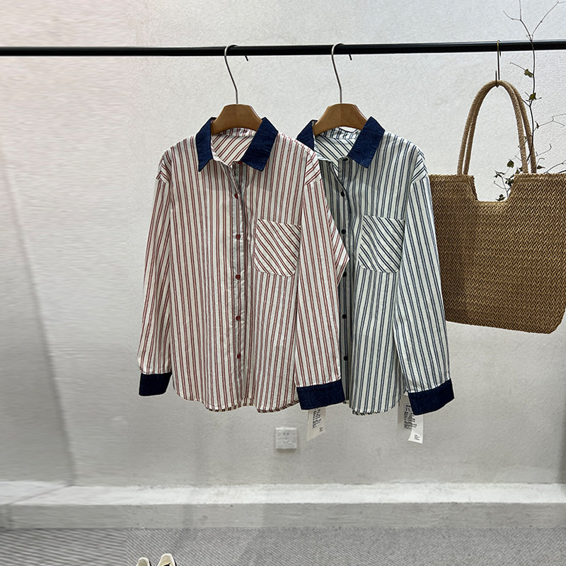 韩版原宿风春夏新品一七然POLO领条纹别致撞色小清新舒适百搭衬衫