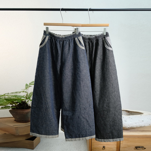 一七然秋冬新款 女 日系文艺复古松紧腰宽松休闲百搭纯色夹棉阔腿裤