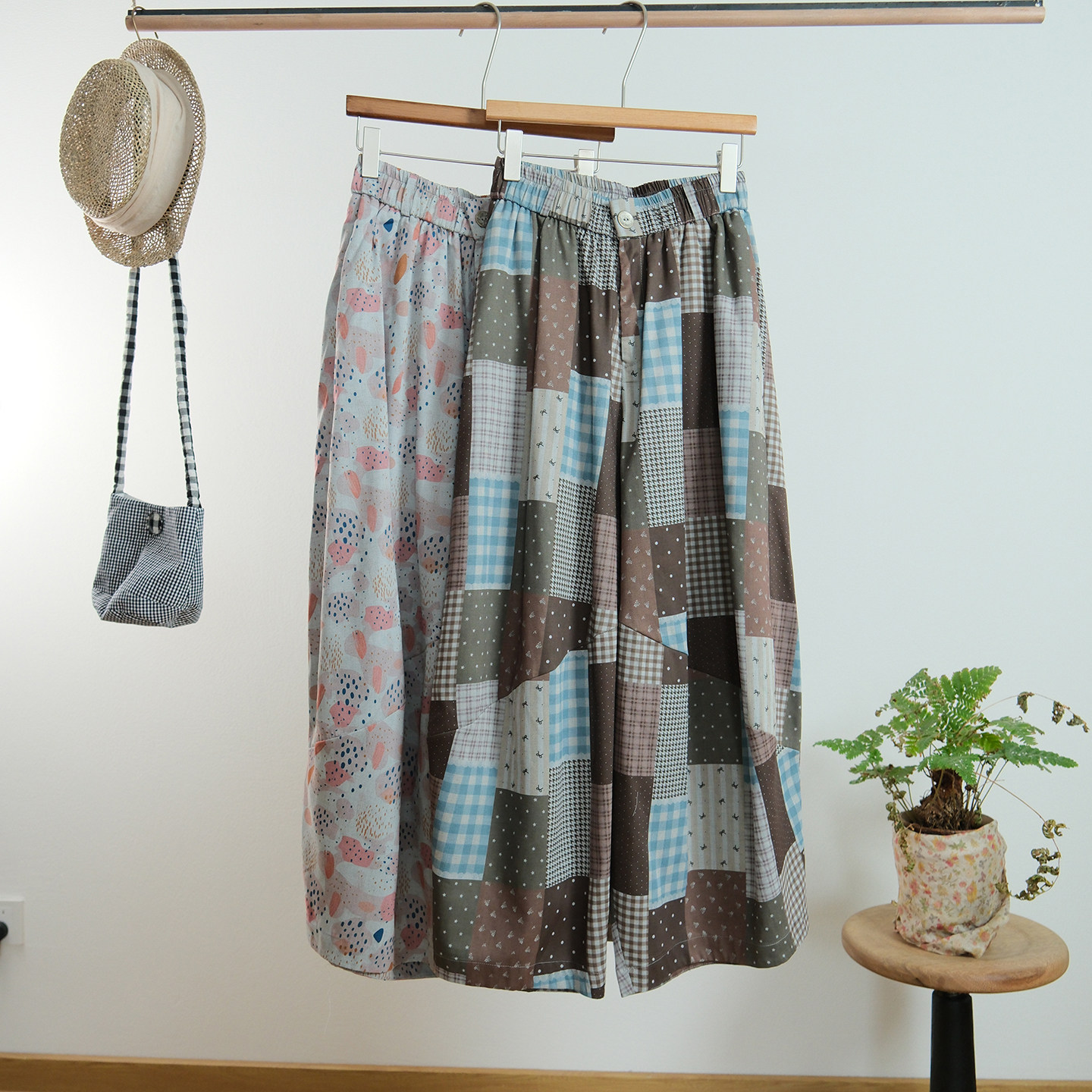 一七然夏季新款民族风文艺复古松紧腰印花显瘦百搭阔腿休闲长裤女