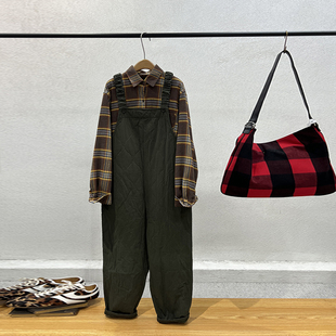 纯色菱形格百搭显瘦直筒夹棉休闲背带裤 一七然新款 原宿风冬季 韩版