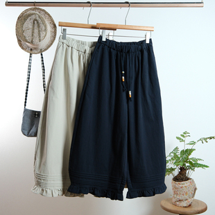 脚宽松显瘦休闲裤 慵懒风宽松舒适抽绳腰木耳边裤 女 新款 一七然春季