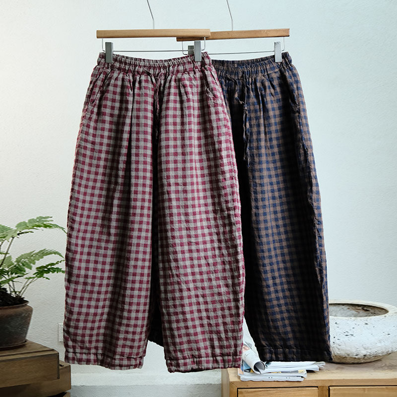 一七然秋冬新款复古文艺松紧腰格纹棉裤宽松阔腿亚麻夹棉休闲裤女,女装/女士精品,棉裤/羽绒裤,淘宝优惠券,粉丝福利购,淘宝优惠卷