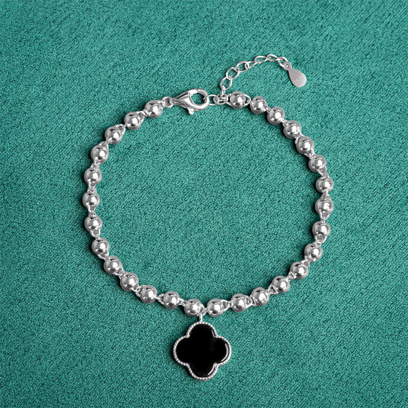 S925银镶天然墨翠A货翡翠四叶草手链玉石时尚个性女款手饰可调节