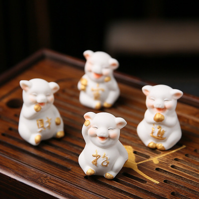 岩山 德化白瓷五福猪福星高照茶宠茶玩汽车饰品摆件陶瓷工艺礼品