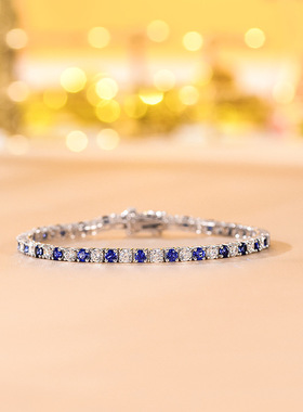 云同珠宝名媛轻奢经典四爪3mm培育蓝宝石网球手链满钻百搭925手链
