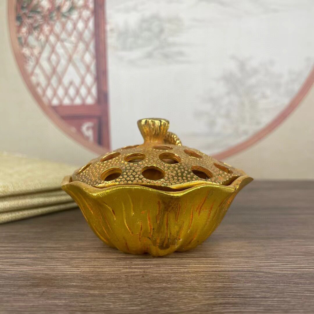 古董鎏金铜老物件浮雕莲花莲藕薰香炉古玩杂项旧货收藏品