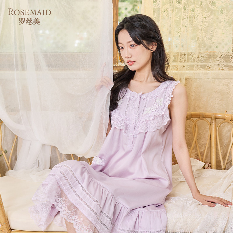 宫廷风罗丝美2024秋冬新款14206纯棉60支直贡圆领无袖睡裙经典款