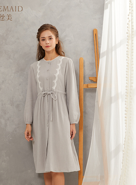 Rosemaid/罗丝美精梳纯棉圆领半开襟镶蕾丝腰部抽绳长袖睡裙11218