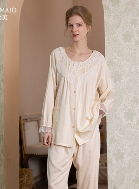 罗丝美春夏新款14042纯棉60支梭织布圆领镶蕾丝睡衣套装家居服女