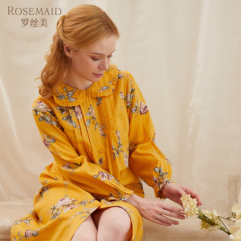 Rosemaid/罗丝美纯棉双层纱印花长袖小翻领时尚睡裙秋冬新款11216