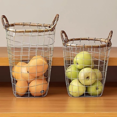 美式复古铁艺收纳筐藤条铁丝