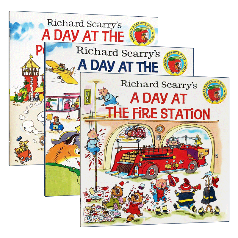 忙碌的一天 3册套装 英文原版儿童绘本 Richard Scarry’s A Day 飞机场 警察局 消防站 斯凯瑞金色童书 英文版进口儿童启蒙书籍