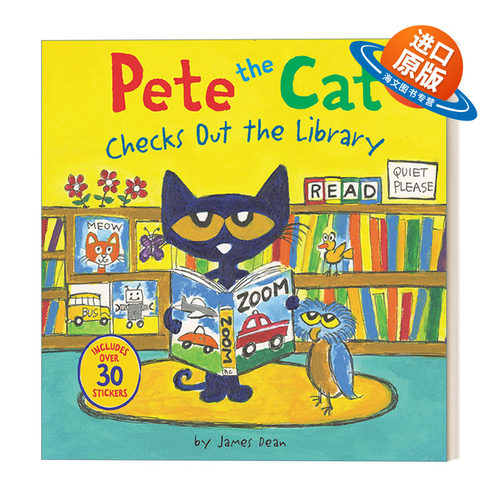 英文原版 Pete the Cat Checks Out the Library 皮特猫在图书馆 儿童图画故事书 亲子互动绘本 附贴纸 英文版 进口英语原版书籍
