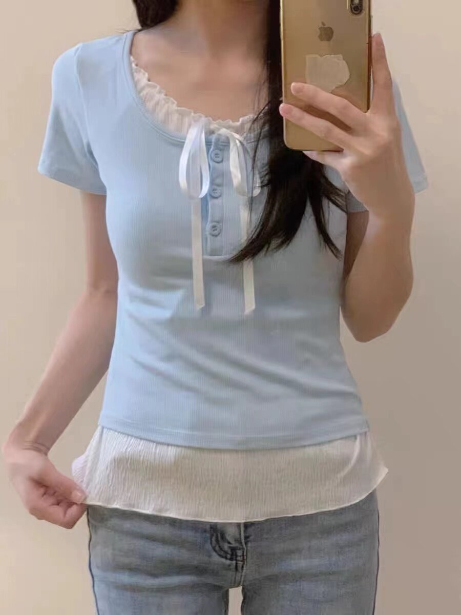 한국 딸의 복고풍 가짜 투피스 디자인 틈새 반팔 티셔츠 여성 여름 순수한 정욕 스타일 슬림 짧은 탑