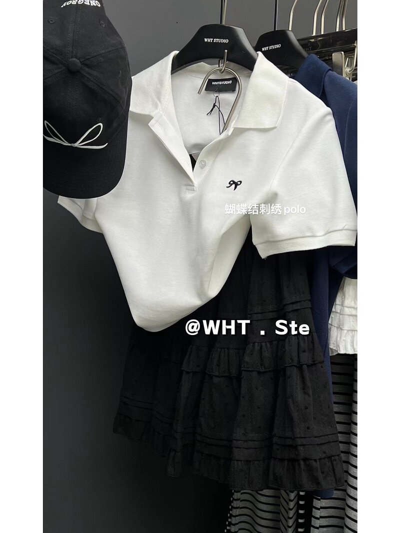 KOREAN VERSION FASHION POLO NECK SHORT SLEEVE T-SHIRT WOMENS SPRING SUMMER 2024 NEW SIMPLE CASUAL AND VERSATILE BOW TOP INS