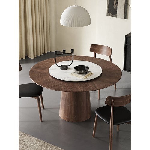 北欧实木圆桌家用小户型法式复古黑胡桃木圆桌现代简约餐桌椅组合