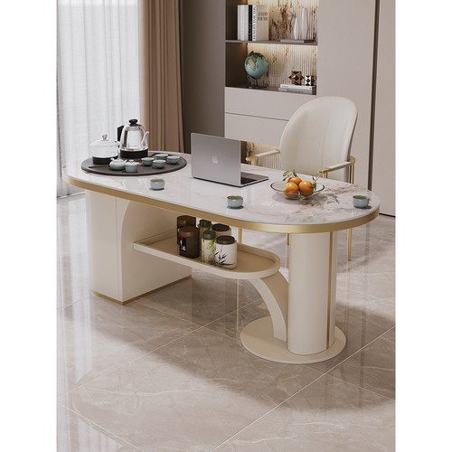 奶油风阳台岩板茶桌家用客厅现代轻奢高级感暖色泡茶台桌椅组合